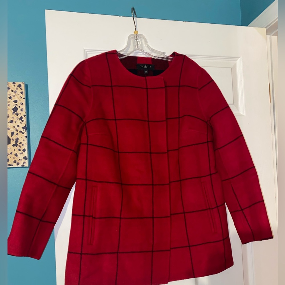 Never been worn- Red/black windowpane Jacket/blazer Talbots size 6P. Wool blend